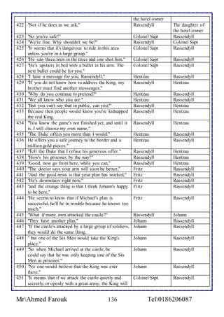 the hotel owner 
422 "Not if he does as we ask," Rassendyll The daughter of 
the hotel owner 
423 "So you're safe!" Colonel Sapt Rassendyll 
424 "We're fine. Why shouldn't we be?" Rassendyll Colonel Sapt 
425 "It seems that it's dangerous to ride in this area 
unless you're in a large group." 
Colonel Sapt Rassendyll 
426 "He saw three men in the trees and one shot him." Colonel Sapt Rassendyll 
427 "He's upstairs in bed with a bullet in his arm. The 
next bullet could be for you." 
Colonel Sapt Rassendyll 
428 "I have a message for you, Rassendyll," Hentzau Rassendyll 
429 "If you do not know how to address the King, my 
brother must find another messenger," 
Rassendyll Hentzau 
430 "Why do you continue to pretend?" Hentzau Rassendyll 
431 "We all know who you are." Hentzau Rassendyll 
432 "But you can't say that in public, can you?" Rassendyll Hentzau 
433 Because then people would know you've kidnapped 
the real King. 
Rassendyll Hentzau 
434 "You know the game's not finished yet, and until it 
is, I will choose my own name," 
Rassendyll Hentzau 
435 "The Duke offers you more than I would." Hentzau Rassendyll 
436 He offers you a safe journey to the border and a 
million gold pieces." 
Hentzau Rassendyll 
437 "Tell the Duke that I refuse his generous offer." Rassendyll Hentzau 
438 "How's his prisoner, by the way?" Rassendyll Hentzau 
439 "Good, now go from here, while you can," Rassendyll Hentzau 
440 "The doctor says your arm will soon be better," Fritz Rassendyll 
441 "And the good news is that your plan has worked," Fritz Rassendyll 
442 "He's downstairs right now," Fritz Rassendyll 
443 "and the strange thing is that I think Johann's happy 
to be here," 
Fritz Rassendyll 
444 "He seems to know that if Michael's plan is 
successful, he'll be in trouble because he knows too 
much." 
Fritz Rassendyll 
445 "What if many men attacked the castle?" Rassendyll Johann 
446 "They have another plan," Johann Rassendyll 
447 "If the castle's attacked by a large group of soldiers, 
they would do the same thing, 
Johann Rassendyll 
448 " but one of the Six Men would take the King's 
place." 
Johann Rassendyll 
449 "So when Michael arrived at the castle, he 
could say that he was only keeping one of the Six 
Men as prisoner." 
Johann Rassendyll 
450 "No one would believe that the King was ever 
there." 
Johann Rassendyll 
451 "It means that if we attack the castle quietly and 
secretly, or openly with a great army, the King will 
Colonel Sapt Rassendyll 
MrAhmed Farouk 136 Tel0186206087 
 