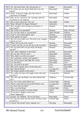 483 "No, they don't know who the prisoner is," Johann Rassendyll 
484 "So if they saw me, they'd think that I was the 
King?" 
Rassendyll Johann 
485 "Good. Tomorrow night, give this letter to 
Antoinette de Mauban." 
Rassendyll Johann 
486 Then, at two o'clock in the morning, open the 
front door to the mansion. 
Rassendyll Johann 
487 Ask no more questions. Now go." Rassendyll Johann 
488 "Help, Michael! It's Rupert Hentzau!" Antoinette 
489 "This woman's been writing secret letters to 
Rassendyll!" 
Hentzau Duke Michael 
490 "She needs to be punished!" Hentzau Duke Michael 
491 "It's you who needs to be punished!" Duke Michael Hentzau 
492 "I know you're Rassendyll's spy!" Hentzau Antoinette 
493 "Push against his legs!" Rassendyll The King 
494 Then I'm your leader now. Put down your weapons 
and do as I say." 
Hentzau Antoinette 
495 "What did you do at the castle?' Hentzau Rassendyll 
496 "I made sure that you are the last of the Six Men," Rassendyll Hentzau 
497 "Do you mean that you got inside the King's 
prison?" 
Hentzau Rassendyll 
498 "And what's happened to the King?" Hentzau Rassendyll 
499 "He was hurt, but he's alive," Rassendyll Hentzau 
500 "Why didn't you follow my plan?'' Hentzau Rassendyll 
501 "We could have worked well together." Hentzau Rassendyll 
502 "Get off your horse and fight like a man," Rassendyll Hentzau 
503 "Go after him!" Rassendyll Fritz 
504 "Sir, you don't look well," Fritz Rassendyll 
505 "But you're injured. Here, let me help you." Fritz Rassendyll 
506 "Isn't that the King?" A young boy Fritz 
506 "The King's injured in the castle." Marshal A young boy 
507 "No, really, he's here. He fought a man who took 
my horse." 
A young boy Marshal 
508 "This boy says the King's over there behind that 
tree," 
Strakencz Colonel Sapt 
509 "No, he's in the castle behind me," Colonel Sapt Marshal 
510 "Please, come and see if you don't believe me," A young boy Marshal 
511 "It is you! Are you hurt?" Flavia Rassendyll 
512 "This is not the King," Colonel Sapt Flavia 
513 "What do you mean it's not the King?" Flavia Colonel Sapt 
514 "It's his face! Rudolf, look at me! 
What's happening?" 
Flavia Colonel Sapt 
515 "Forgive me, Madame. I'm not the King." Rassendyll Flavia 
516 "It's time you came into the castle. We have much 
to discuss." 
Colonel Sapt Flavia 
517 "Cousin! My friend! You're injured, too." The king Rassendyll 
MrAhmed Farouk 138 Tel0186206087 
 