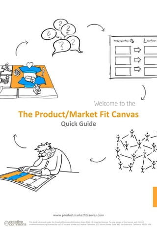 The	
  Product/Market	
  Fit	
  Canvas	
  	
  
Quick	
  Guide	
  
This	
  work	
  is	
  licensed	
  under	
  the	
  Crea3ve	
  Commons	
  A7ribu3on-­‐Share	
  Alike	
  3.0	
  Unported	
  License.	
  To	
  view	
  a	
  copy	
  of	
  this	
  license,	
  visit:	
  h7p://
crea3vecommons.org/licenses/by-­‐sa/3.0/	
  or	
  send	
  a	
  le7er	
  to	
  Crea3ve	
  Commons,	
  171	
  Second	
  Street,	
  Suite	
  300,	
  San	
  Francisco,	
  California,	
  94105,	
  USA	
  
www.productmarke<itcanvas.com	
  
 