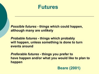Futures Possible futures  - things which could happen, although many are unlikely Probable futures  - things which probably  will happen, unless something is done to turn events around Preferable futures  - things you prefer to have happen and/or what you would like to plan to happen Beare (2001) 