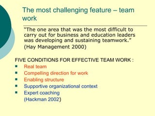 The most challenging feature – team work “ The one area that was the most difficult to carry out for business and education leaders was developing and sustaining teamwork.”  (Hay Management 2000) FIVE CONDITIONS FOR EFFECTIVE TEAM WORK : Real team Compelling direction for work Enabling structure   Supportive organizational context Expert coaching  (Hackman 2002 ) 