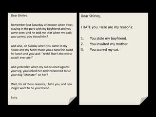 Dear Shirley,                                       Dear Shirley,

Remember last Saturday afternoon when I was
playing in the park with my boyfriend and you       I HATE you. Here are my reasons:
came over; and he told me that when my back
was turned, you kissed him?
                                                    1.   You stole my boyfriend.
And also, on Sunday when you came to my
                                                    2.   You insulted my mother
house and my Mom made you a tuna fish salad         3.   You scared my cat.
for lunch and you said: “Yech! That’s the worst
salad I ever ate!”

And yesterday, when my cat brushed against
your leg, you kicked her and threatened to sic
your dog “Monster” on her?

Well, for all these reasons, I hate you, and I no
longer want to be your friend

Lucy.
 