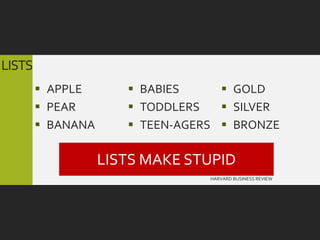 LISTS
         APPLE        BABIES      GOLD
         PEAR         TODDLERS    SILVER
         BANANA       TEEN-AGERS  BRONZE

                   LISTS MAKE STUPID
                                 HARVARD BUSINESS REVIEW
 