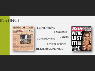 INSTINCT
           CONVENTIONS
                       LANGUAGE

           CONDITIONING    HABITS

                  BEST PRACTICES
           DE FACTO STANDARDS
 