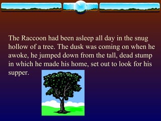 The Raccoon had been asleep all day in the snug hollow of a tree. The dusk was coming on when he awoke, he jumped down from the tall, dead stump in which he made his home, set out to look for his supper. 