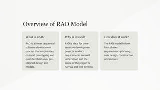 Overview of RAD Model
What is RAD?
RAD is a linear sequential
software development
process that emphasizes
on rapid prototyping and
quick feedback over pre-
planned design and
models.
Why is it used?
RAD is ideal for time-
sensitive development
projects in which
requirements are well
understood and the
scope of the project is
narrow and well defined.
How does it work?
The RAD model follows
four phases:
requirements planning,
user design, construction,
and cutover.
 