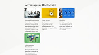 Advantages of RAD Model
Increased Collaboration
The involvement of users,
developers, and testers at
every phase ensures better
understanding of the
application and increased
collaboration among team
members.
Time Saving
The iterative process
significantly reduces
development time and
speeds up the delivery of the
software.
Flexibility
The RAD model is flexible
and allows changes to be
made easily, enabling fast
adjustments to evolving
requirements.
High Customer
Satisfaction
The regular feedback and
evaluation ensure that the
final software meets
 