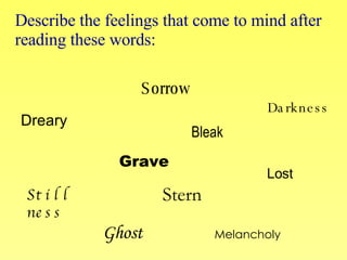 Describe the feelings that come to mind after reading these words: Dreary Bleak Ghost Lost Sorrow Darkness Melancholy Grave Stillness Stern 