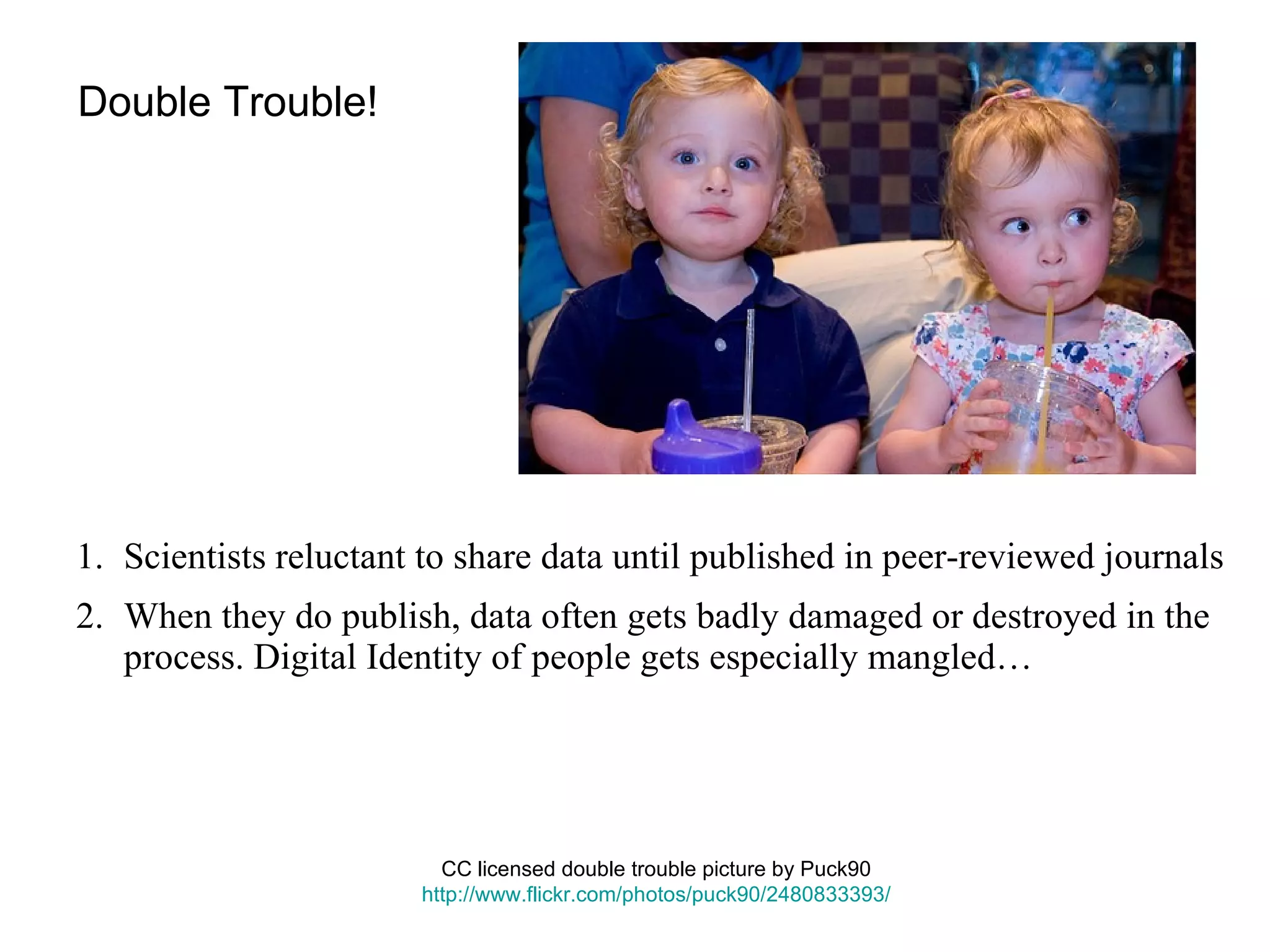 Double Trouble! Scientists reluctant to share data until published in peer-reviewed journals When they do publish, data often gets badly damaged or destroyed in the process. Digital Identity of people gets especially mangled… CC licensed double trouble picture by Puck90   http://www.flickr.com/photos/puck90/2480833393/   