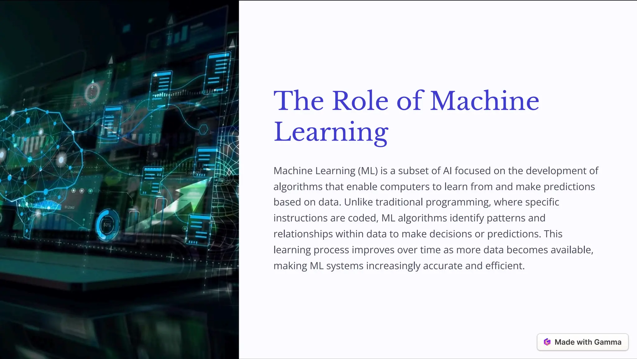 The Role of Machine
Learning
Machine Learning (ML) is a subset of AI focused on the development of
algorithms that enable computers to learn from and make predictions
based on data. Unlike traditional programming, where specific
instructions are coded, ML algorithms identify patterns and
relationships within data to make decisions or predictions. This
learning process improves over time as more data becomes available,
making ML systems increasingly accurate and efficient.
 