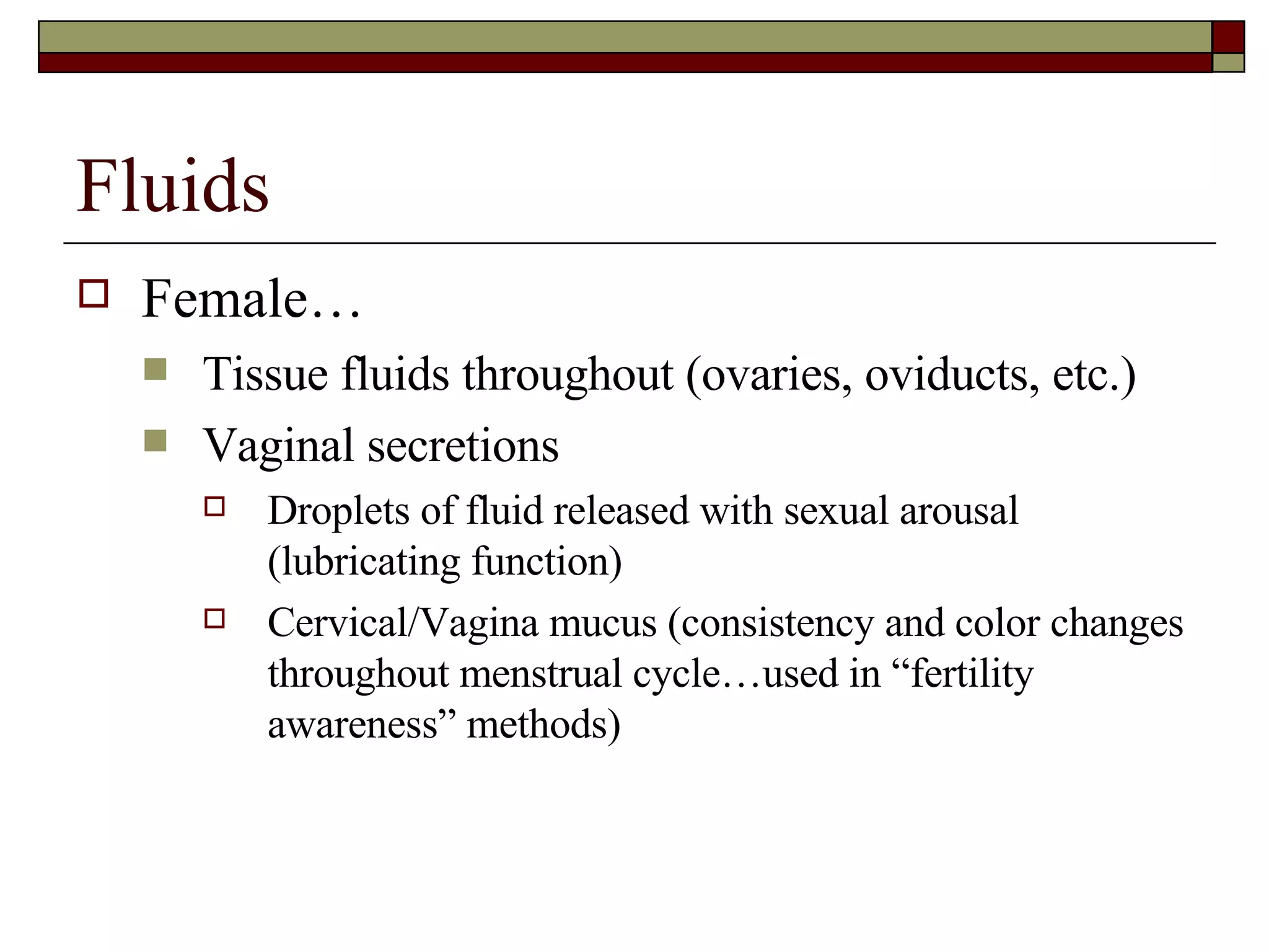 Fluids Female… Tissue fluids throughout (ovaries, oviducts, etc.) Vaginal secretions Droplets of fluid released with sexual arousal (lubricating function) Cervical/Vagina mucus (consistency and color changes throughout menstrual cycle…used in “fertility awareness” methods) 