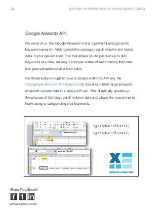 seo from the experts: DEVELOP YOUR KEYWORD STRATEGY12
www.Hubspot.com
Share This Ebook!
Google Adwords API
For most of us, the Google Keyword tool is a powerful enough aid to
keyword research, fetching monthly average search volume and trends
data in your geo-location. The tool allows you to paste in up to 800
keywords at a time, making it a simple matter of recombining that data
into your spreadsheet at a later point.
For those lucky enough to have a Google Adwords API key, the
SEOgadget Adwords API Extension for Excel can fetch large amounts
of search volume data in a single API call. This drastically speeds up
the process of fetching search volume data and allows the researcher to
hurry along to categorising their keywords.
 