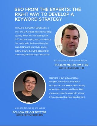 seo from the experts: DEVELOP YOUR KEYWORD STRATEGY4
www.Hubspot.com
Share This Ebook!
SEO from the experts: THE
RIGHT WAY TO DEVELOP A
KEYWORD STRATEGY
Expert Advice By Richard Baxter
Richard is the CEO of SEOgagdet, a
U.S. and U.K. based inbound marketing
agency. When he’s not building new
SEO tools or helping search marketers
learn new skills, he loves driving fast
cars, listening to loud music and jet-
setting around the world speaking at
various digital marketing conferences.
Follow me on twitter
@RICHARDBAXTER
Follow me on twitter
@Detectiveddubs
Designed By Desmond Wong
Desmond is currently a creative
designer and inbound marketer at
HubSpot. He has worked with a variety
of start ups, medium, and large sized
companies over the years with a focus
in branding and business development.
 
