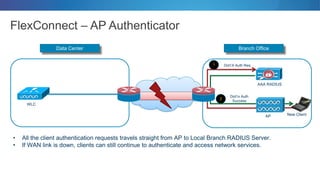 FlexConnect – AP Authenticator
Branch OfficeData Center
WLC
ISR 3925 ISR 3925
AP
ISR 3925 ISR 3925
Dot1X Auth Req
Dot1x Auth
Success
New Client
• All the client authentication requests travels straight from AP to Local Branch RADIUS Server.
• If WAN link is down, clients can still continue to authenticate and access network services.
1
2
AAA RADIUS
 
