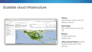 Scalable cloud infrastructure
Telmex
Nationwide hotspot and 3G
offload network
Next Retail
550 retail stores across the
UK
Motel 6
70,000 hotel room
deployment
Jeffco School District 80,000
student district with 100+
schools
 