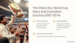 The Dhoni Era: World Cup
Glory and Consistent
Success (2007-2014)
1 Calm Leadership
MS Dhoni brought calm
leadership. He had
strategic brilliance.
2 World Cup Wins
India won the T20 World
Cup (2007). They also won
the Cricket World Cup
(2011).
3 Consistent Performance
The team achieved consistent success across formats.
 