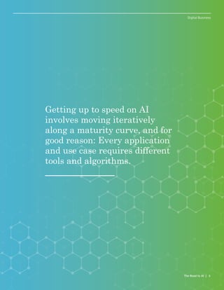 5The Road to AI |
Digital Business
Getting up to speed on AI
involves moving iteratively
along a maturity curve, and for
good reason: Every application
and use case requires different
tools and algorithms.
 