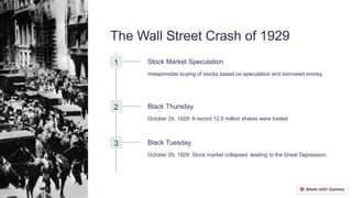 The Wall Street Crash of 1929
1 Stock Market Speculation
Irresponsible buying of stocks based on speculation and borrowed money.
2 Black Thursday
October 24, 1929: A record 12.9 million shares were traded.
3 Black Tuesday
October 29, 1929: Stock market collapsed, leading to the Great Depression.
 
