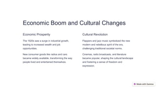 Economic Boom and Cultural Changes
Economic Prosperity
The 1920s saw a surge in industrial growth,
leading to increased wealth and job
opportunities.
New consumer goods like radios and cars
became widely available, transforming the way
people lived and entertained themselves.
Cultural Revolution
Flappers and jazz music symbolized the new
modern and rebellious spirit of the era,
challenging traditional societal norms.
Cinemas, radio broadcasts, and literature
became popular, shaping the cultural landscape
and fostering a sense of freedom and
expression.
 