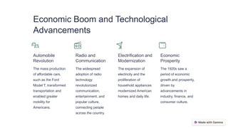 Economic Boom and Technological
Advancements
Automobile
Revolution
The mass production
of affordable cars,
such as the Ford
Model T, transformed
transportation and
enabled greater
mobility for
Americans.
Radio and
Communication
The widespread
adoption of radio
technology
revolutionized
communication,
entertainment, and
popular culture,
connecting people
across the country.
Electrification and
Modernization
The expansion of
electricity and the
proliferation of
household appliances
modernized American
homes and daily life.
Economic
Prosperity
The 1920s saw a
period of economic
growth and prosperity,
driven by
advancements in
industry, finance, and
consumer culture.
 