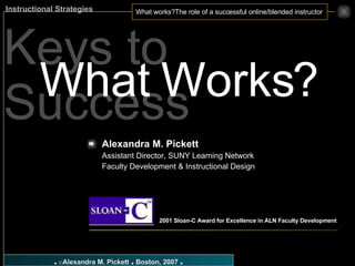Keys to Success What Works? Alexandra M. Pickett   Assistant Director, SUNY Learning Network Faculty Development & Instructional Design 2001 Sloan-C Award for Excellence in ALN Faculty Development 