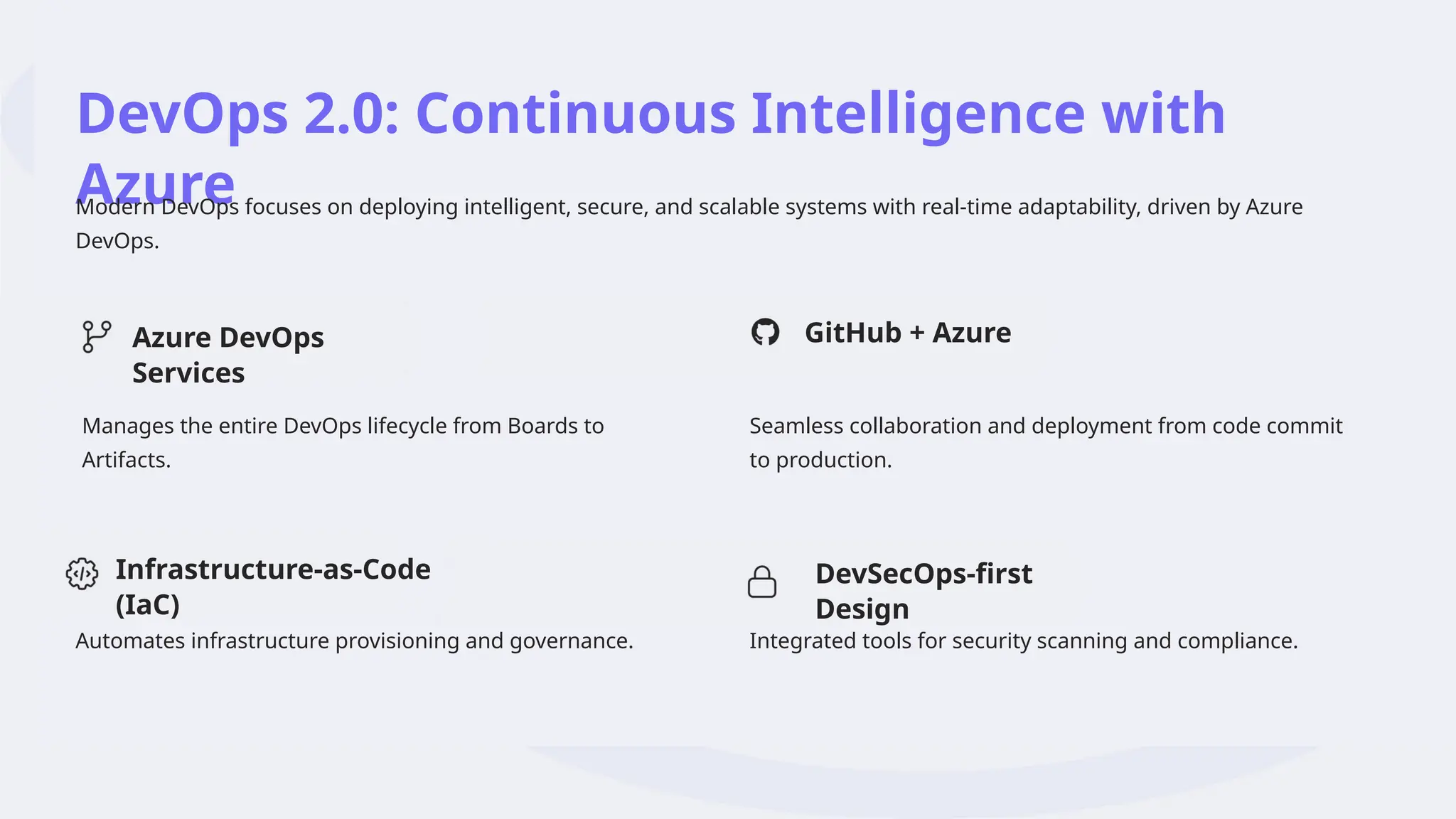 DevOps 2.0: Continuous Intelligence with
Azure
Modern DevOps focuses on deploying intelligent, secure, and scalable systems with real-time adaptability, driven by Azure
DevOps.
Azure DevOps
Services
Manages the entire DevOps lifecycle from Boards to
Artifacts.
GitHub + Azure
Seamless collaboration and deployment from code commit
to production.
Infrastructure-as-Code
(IaC)
Automates infrastructure provisioning and governance.
DevSecOps-first
Design
Integrated tools for security scanning and compliance.
 
