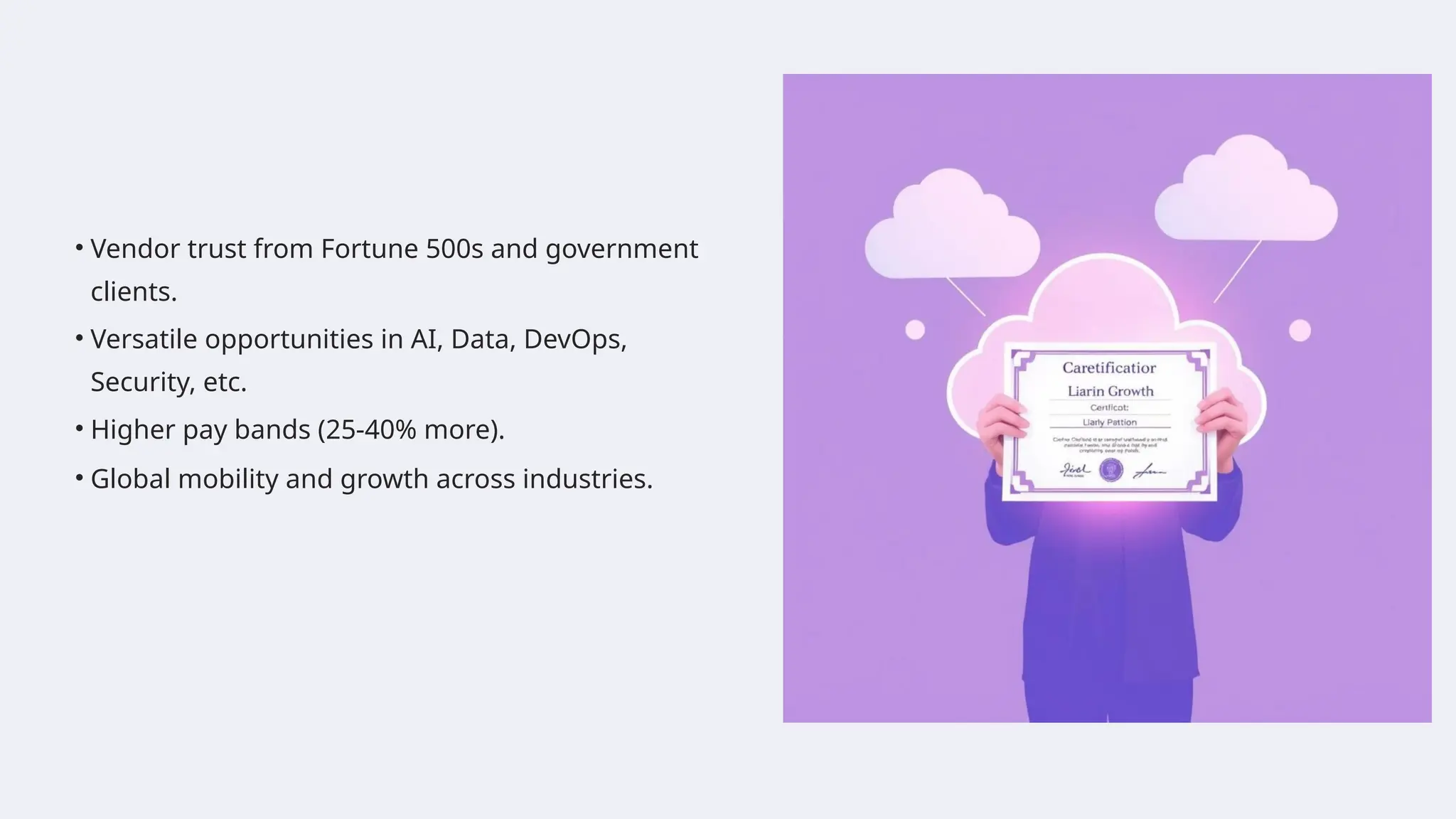 Strategic Career Advantage: Azure
Certification
Cloud-specific skills are essential, but verified, role-based Azure skillsets differentiate high-potential candidates.
Demand Drivers:
• Vendor trust from Fortune 500s and government
clients.
• Versatile opportunities in AI, Data, DevOps,
Security, etc.
• Higher pay bands (25-40% more).
• Global mobility and growth across industries.
 