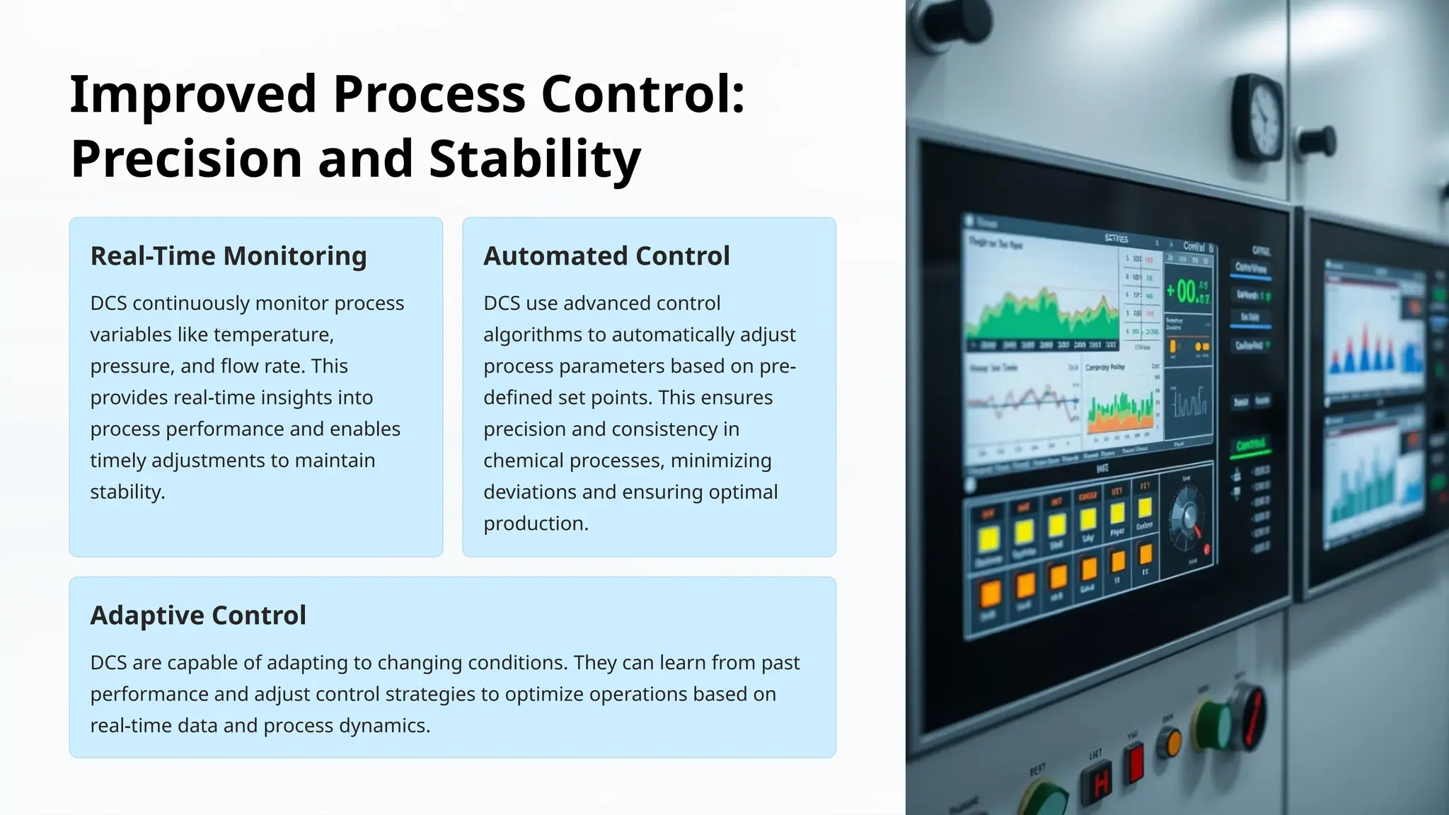 Improved Process Control:
Precision and Stability
Real-Time Monitoring
DCS continuously monitor process
variables like temperature,
pressure, and flow rate. This
provides real-time insights into
process performance and enables
timely adjustments to maintain
stability.
Automated Control
DCS use advanced control
algorithms to automatically adjust
process parameters based on pre-
defined set points. This ensures
precision and consistency in
chemical processes, minimizing
deviations and ensuring optimal
production.
Adaptive Control
DCS are capable of adapting to changing conditions. They can learn from past
performance and adjust control strategies to optimize operations based on
real-time data and process dynamics.
 