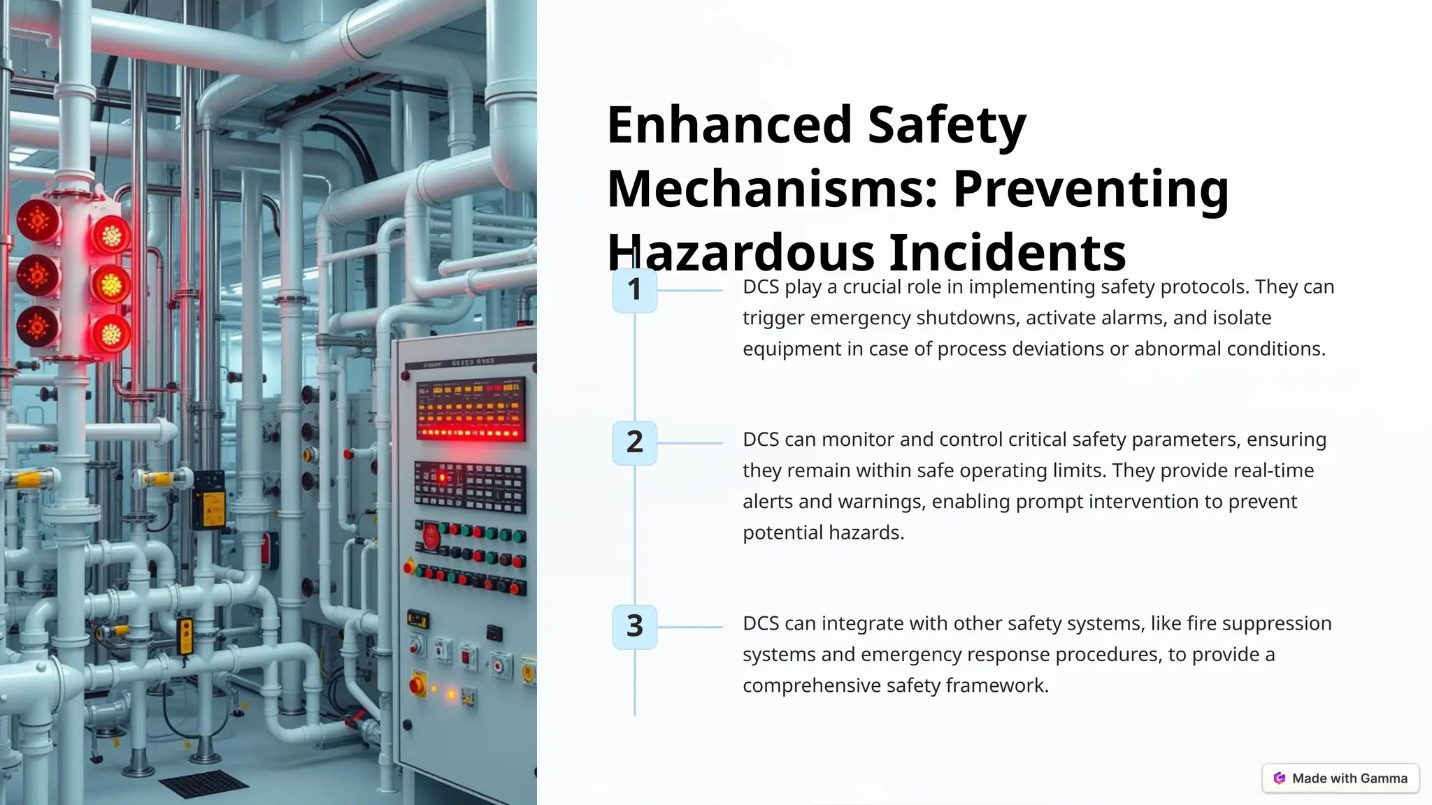 Enhanced Safety
Mechanisms: Preventing
Hazardous Incidents
1 DCS play a crucial role in implementing safety protocols. They can
trigger emergency shutdowns, activate alarms, and isolate
equipment in case of process deviations or abnormal conditions.
2 DCS can monitor and control critical safety parameters, ensuring
they remain within safe operating limits. They provide real-time
alerts and warnings, enabling prompt intervention to prevent
potential hazards.
3 DCS can integrate with other safety systems, like fire suppression
systems and emergency response procedures, to provide a
comprehensive safety framework.
 