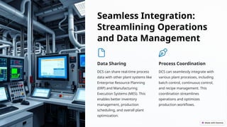 Seamless Integration:
Streamlining Operations
and Data Management
Data Sharing
DCS can share real-time process
data with other plant systems like
Enterprise Resource Planning
(ERP) and Manufacturing
Execution Systems (MES). This
enables better inventory
management, production
scheduling, and overall plant
optimization.
Process Coordination
DCS can seamlessly integrate with
various plant processes, including
batch control, continuous control,
and recipe management. This
coordination streamlines
operations and optimizes
production workflows.
 