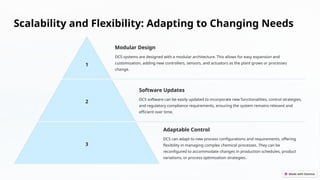 Scalability and Flexibility: Adapting to Changing Needs
1
Modular Design
DCS systems are designed with a modular architecture. This allows for easy expansion and
customization, adding new controllers, sensors, and actuators as the plant grows or processes
change.
2
Software Updates
DCS software can be easily updated to incorporate new functionalities, control strategies,
and regulatory compliance requirements, ensuring the system remains relevant and
efficient over time.
3
Adaptable Control
DCS can adapt to new process configurations and requirements, offering
flexibility in managing complex chemical processes. They can be
reconfigured to accommodate changes in production schedules, product
variations, or process optimization strategies.
 
