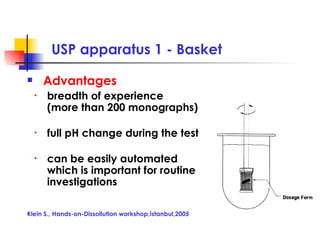 USP apparatus 1 - Basket <ul><li>Advantages </li></ul><ul><ul><li>breadth of experience (more than 200 monographs) </li></...