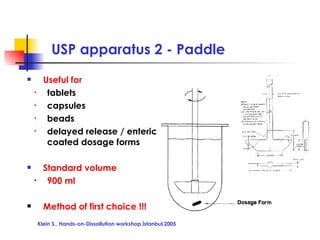 USP apparatus 2 - Paddle <ul><li>Useful for </li></ul><ul><ul><li>tablets </li></ul></ul><ul><ul><li>capsules </li></ul></...
