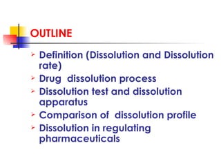 OUTLINE <ul><li>Definition (Dissolution and Dissolution rate) </li></ul><ul><li>Drug  dissolution process </li></ul><ul><l...