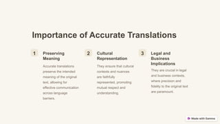 Importance of Accurate Translations
1 Preserving
Meaning
Accurate translations
preserve the intended
meaning of the original
text, allowing for
effective communication
across language
barriers.
2 Cultural
Representation
They ensure that cultural
contexts and nuances
are faithfully
represented, promoting
mutual respect and
understanding.
3 Legal and
Business
Implications
They are crucial in legal
and business contexts,
where precision and
fidelity to the original text
are paramount.
 