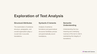 Exploration of Text Analysis
Structural Attributes
The examination of sentence
structure, paragraphs, and
overall organization plays a
crucial role in accurate
translations.
Syntactic E lements
Analysis of sentence
formations and grammatical
structures facilitates precise
and grammatically sound
translations.
Semantic
Understanding
Understanding the true
meaning and underlying
nuances of the text is vital in
maintaining the integrity of
translations.
 
