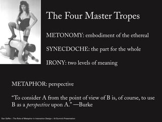 The Four Master Tropes
                                                 METONOMY: embodiment of the ethereal

                                                 SYNECDOCHE: the part for the whole

                                                 IRONY: two levels of meaning


           METAPHOR: perspective

           “To consider A from the point of view of B is, of course, to use
           B as a perspective upon A.” —Burke

Dan Saffer :: The Role of Metaphor in Interaction Design :: IA Summit Presentation