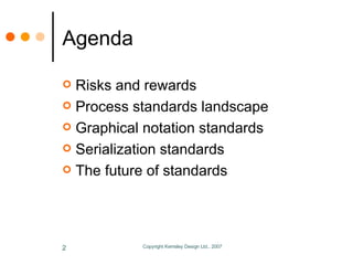 Agenda <ul><li>Risks and rewards </li></ul><ul><li>Process standards landscape </li></ul><ul><li>Graphical notation standa...