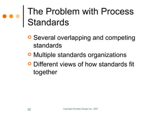 The Problem with Process Standards <ul><li>Several overlapping and competing standards </li></ul><ul><li>Multiple standard...
