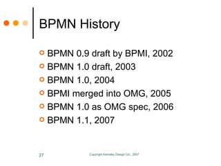 BPMN History <ul><li>BPMN 0.9 draft by BPMI, 2002 </li></ul><ul><li>BPMN 1.0 draft, 2003 </li></ul><ul><li>BPMN 1.0, 2004 ...