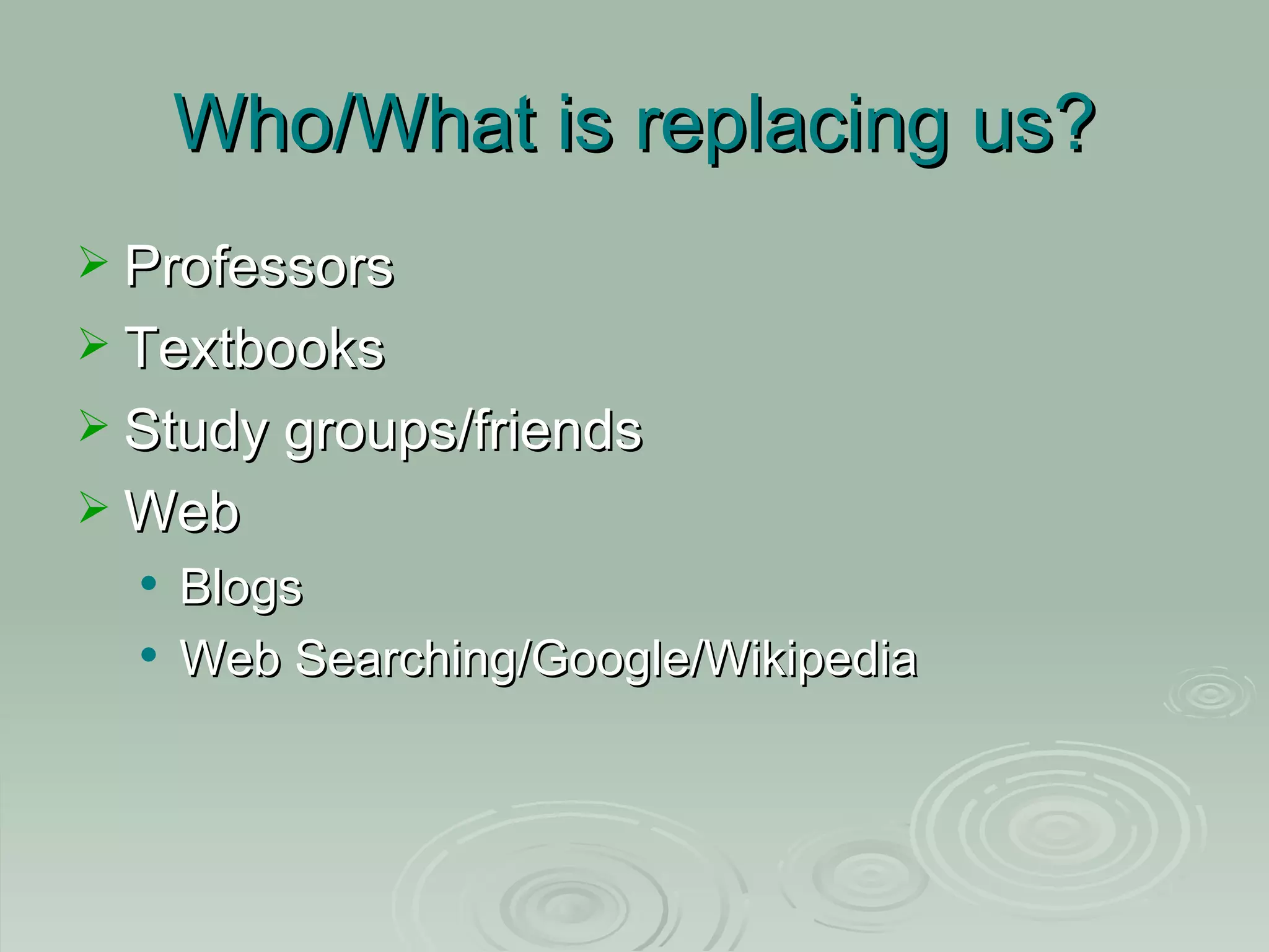 Who/What is replacing us? Professors Textbooks Study groups/friends Web Blogs Web Searching/Google/Wikipedia