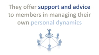 They offer support and advice
to members in managing their
own personal dynamics

 