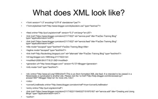 What does XML look like? <ul><li><?xml version=&quot;1.0&quot; encoding=&quot;UTF-8&quot; standalone=&quot;yes&quot;?> </l...