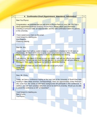 4. Confirmation Email (Appointment, Attendance, Information)
Appointment
Dear You Phyrun,
Congratulation, we predicted that you will come to Phnom Penh on June 10th, 2017 for a
senior appointment at British Embassy Phnom Penh. Please attach your information
including a curriculum later, an objective later, and the valid confirmation latters for parents
or the university.
I have copied every intern on this email.
I look forward to meeting you.
Kind Regards,
Phearong.Sdeung.
Simple
Appointment
Dear Mr. Eric,
I deeply regret that I will be unable to keep our appointment scheduled at 12: 00 noon on
Wednesday, 5th March 2014. Due to some urgent circumstances in my office, I have to
travel to Singapore, hence my inability to attend the aforementioned meeting.
I will return on 16th March 2018 and as soon as I return, I will call your office to reschedule
our meeting. Probably we can meet the next day after my return and will call your office in
this regard. Once again, I apologise my inability to attend the meeting.
I look forward to meet you soon and collaborate on our joint project.
Yours Truly,
You Phyrun.
Complex
Attendance
Dear, Mr. Chivly,
Today, we have a conference holding at the main hall of the University of South-East Asia
locating in Siem Reap province. Correspondingly, there are approximately ninety freshmen
who come from the variety of alternative backgrounds will participate in this conference. In
addition, you can learn practical skills that cannot be learnt at university. Would you be able
to attend the conference on 30
th
of December?
I look forward to meeting you.
Best of lucks,
You Phyrun.
Simple
 