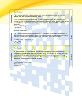 Attendance
Dear Andrew,
Thank you for your letter and conversation this morning. You asked me to consider the
request from Mark to participate the CIC group.
I have since taken advice on the matter. On the understanding that Mark is no longer a
member of UKIP, in accordance with the provisions of Standing Order 14 confirm that he can
be treated as as a member of your Group for the purposes of our procedures within the
Assembly.
Thanks and best regards,
You Phyrun
Complex
Information
Dear, Dr. Rus Bunthy,
I am a diligent freshman selecting Education in TEFL when I have started semester two in
Bakheng Room at the University of South-East Asia. I need the comprehensive information
about the morning class. Would you happen to know when I have the Final test?
I look forward to hearing from you.
Yours Truly,
You Phyrun.
Simple
Information
Dear Khantat,
As I mentioned at our lunch meeting, we plan to hold a meeting in January for anyone
interested in employment at Doe International. It will be at 11:00 a.m. on January 5, in the
auditorium of Building Q on the Springfield Campus. Representatives from each hiring
division will be present to answer questions. Please bring an updated resume and a list of
references. We look forward to seeing you there.
I look forward to meeting you.
Warm Wishes,
You Phyrun.
Complex
 