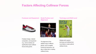 Factors Affecting Collinear Forces
Footwear and Equipment
Footwear design, material
composition, and equipment
(e.g., tennis rackets) can
significantly impact collinear
forces during sports.
Body Position and
Alignment
The alignment of the
athlete's body in different
planes, such as sagittal,
frontal and transverse, can
play a critical role in creating
collinear forces.
Technique and Skill Level
Athletes with superior
technique and skill-level are
more likely to create optimal
collinear forces.
 