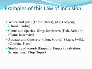 Examples of this Law of Inclusion:
 Whole and part- (Forest, Trees), (Air, Oxygen),
(House, Parlor)
 Genus and Species- (Dog, Retriever), (Fish, Salmon),
(Plant, Rosemary)
 Abstract and Concrete- (Lion, Strong), (Eagle, Swift),
(Courage, Hero)
 Similarity of Sound- (Emperor, Empty), (Salvation,
Salamander), (Top, Topsy)
 
