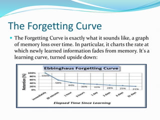 The Forgetting Curve
 The Forgetting Curve is exactly what it sounds like, a graph
of memory loss over time. In particular, it charts the rate at
which newly learned information fades from memory. It's a
learning curve, turned upside down:
 