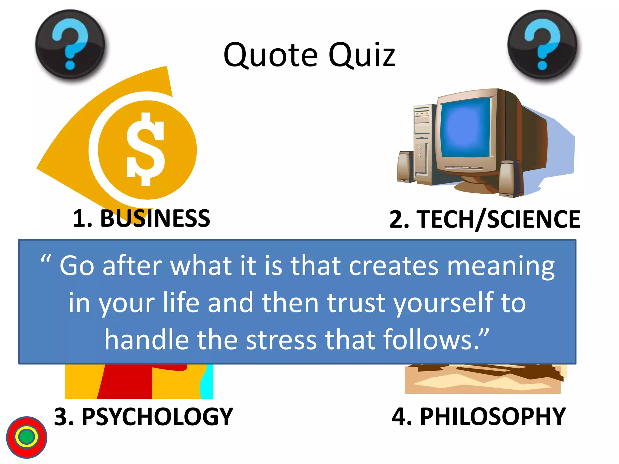 1. BUSINESS 2. TECH/SCIENCE
3. PSYCHOLOGY 4. PHILOSOPHY
Quote Quiz
“ Go after what it is that creates meaning
in your life and then trust yourself to
handle the stress that follows.”
T
 