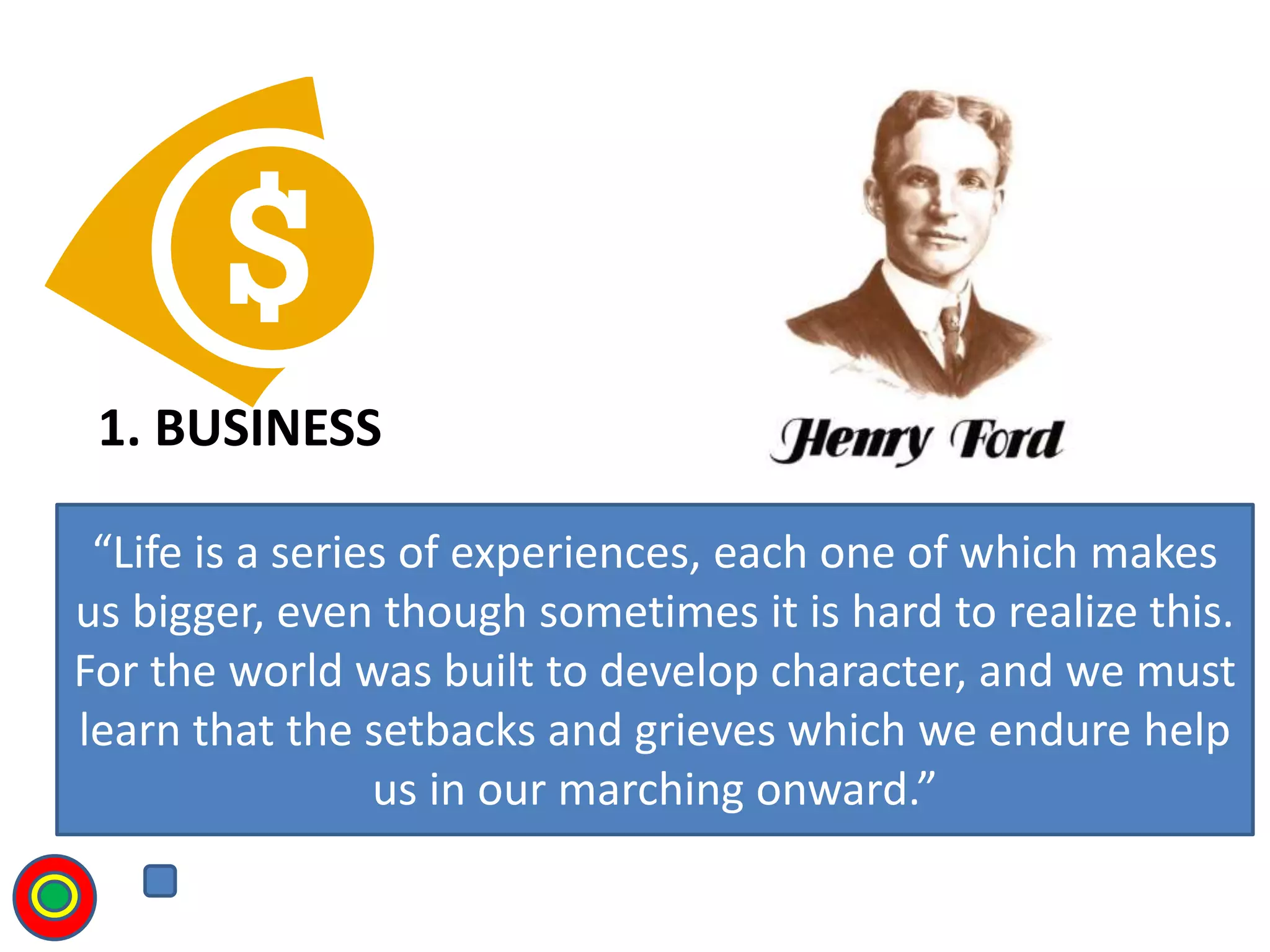 1. BUSINESS
T
“Life is a series of experiences, each one of which makes
us bigger, even though sometimes it is hard to realize this.
For the world was built to develop character, and we must
learn that the setbacks and grieves which we endure help
us in our marching onward.”
 